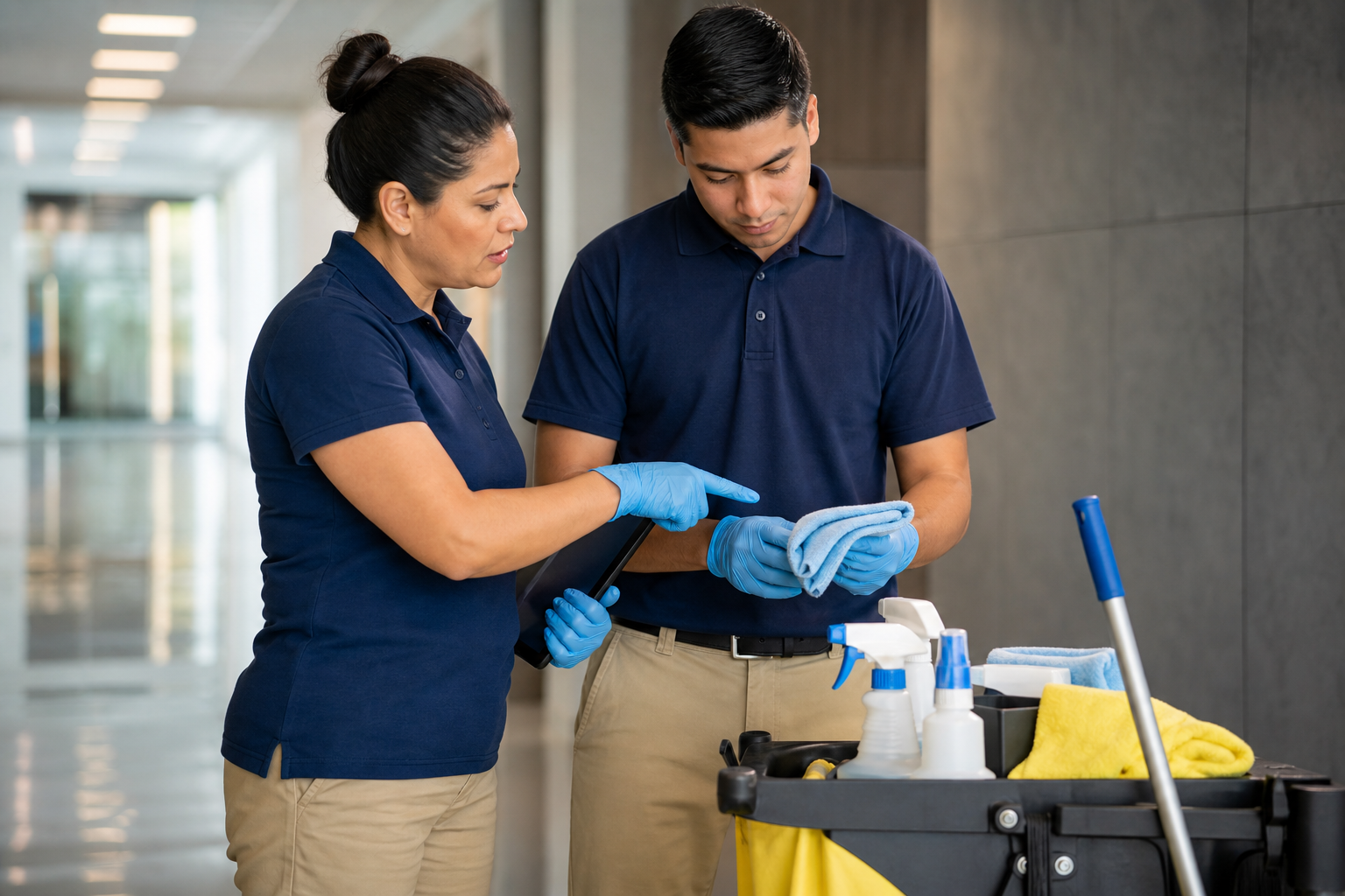 Ascend supervisor training a team member on cleaning protocols